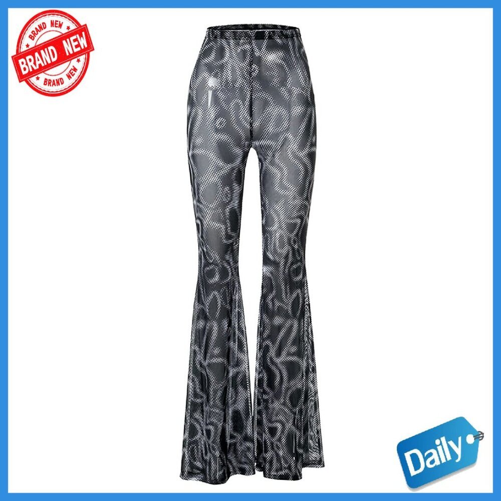 High Waist Mesh Sheer Flared Bell Bottom Pants for Rave Festival Clubwear